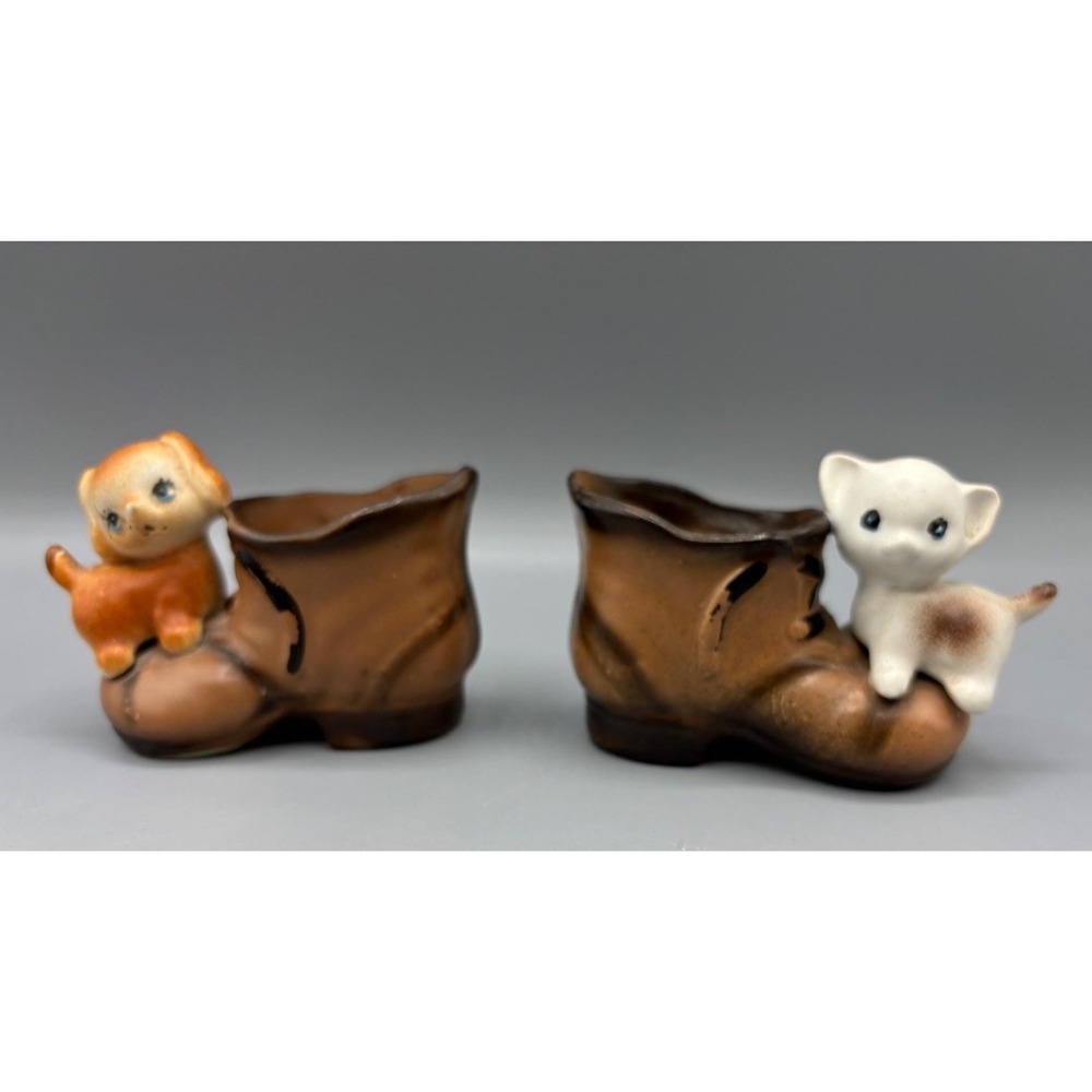 Vtg Enesco Ceramic Boots Cat Dog Planter Toothpick Holder Retro Decor